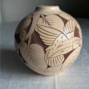 Vintage Nicaraguan Hand Carved Pottery Vase Bird Design MCM Art Vase Heirloom